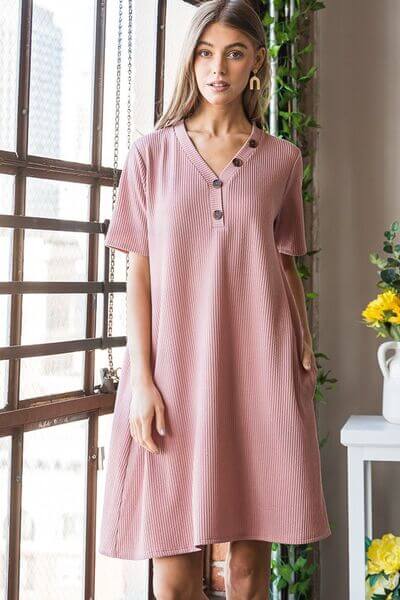 Solid Ribbed Mini Dress with Button - In Style Chics Boutique