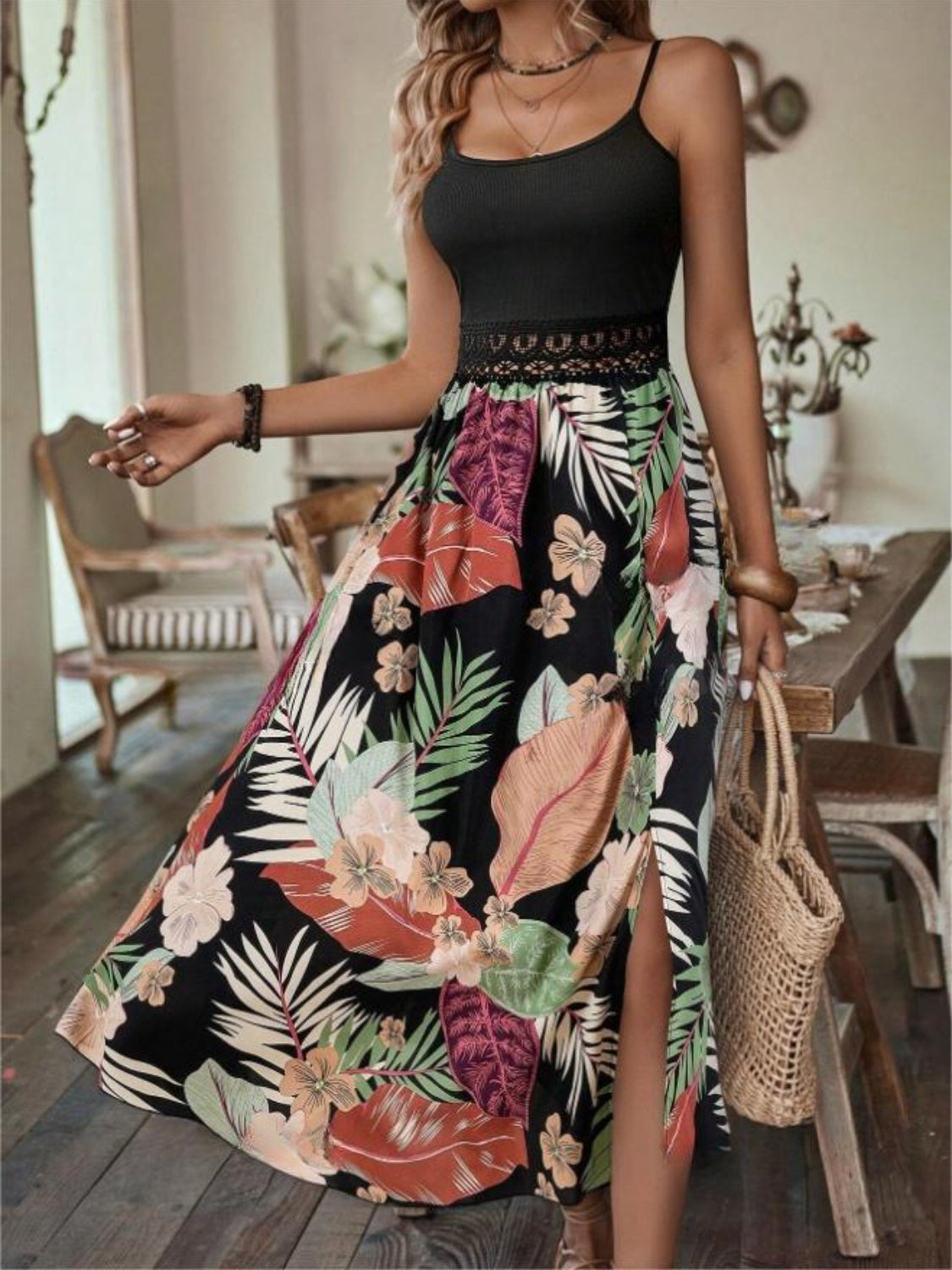 Slit Printed Scoop Neck Cami Dress - In Style Chics Boutique LLC