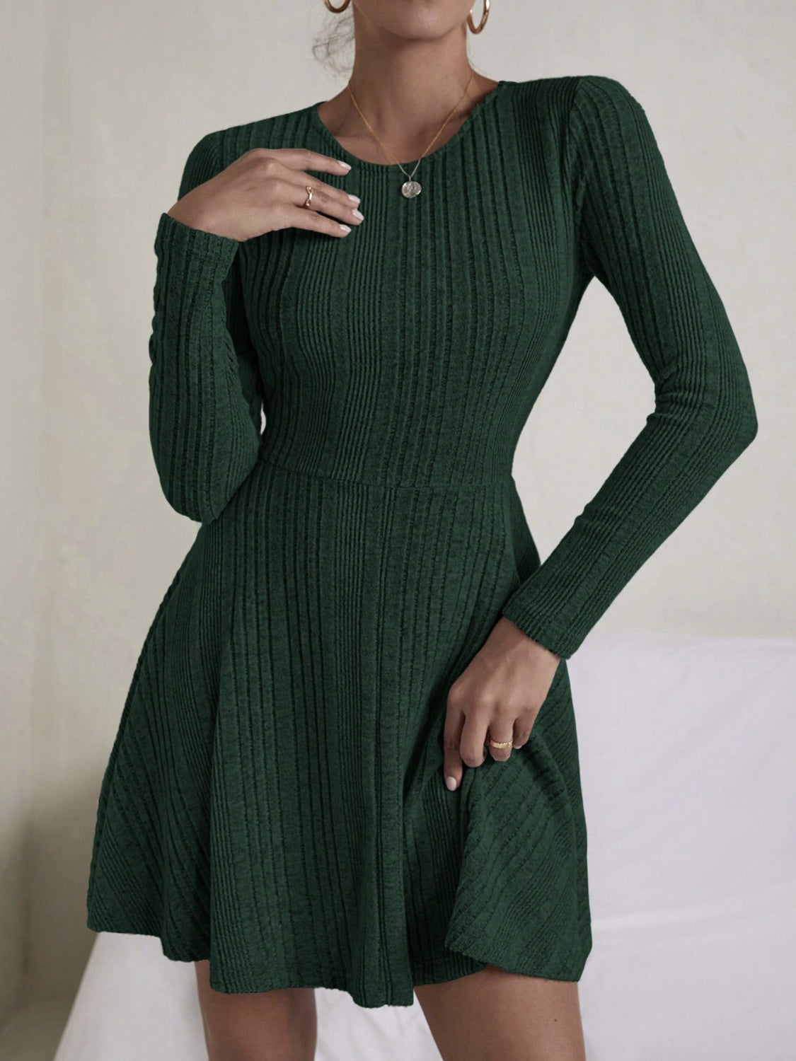 Textured Round Neck Long Sleeve Dress - In Style Chics Boutique LLC