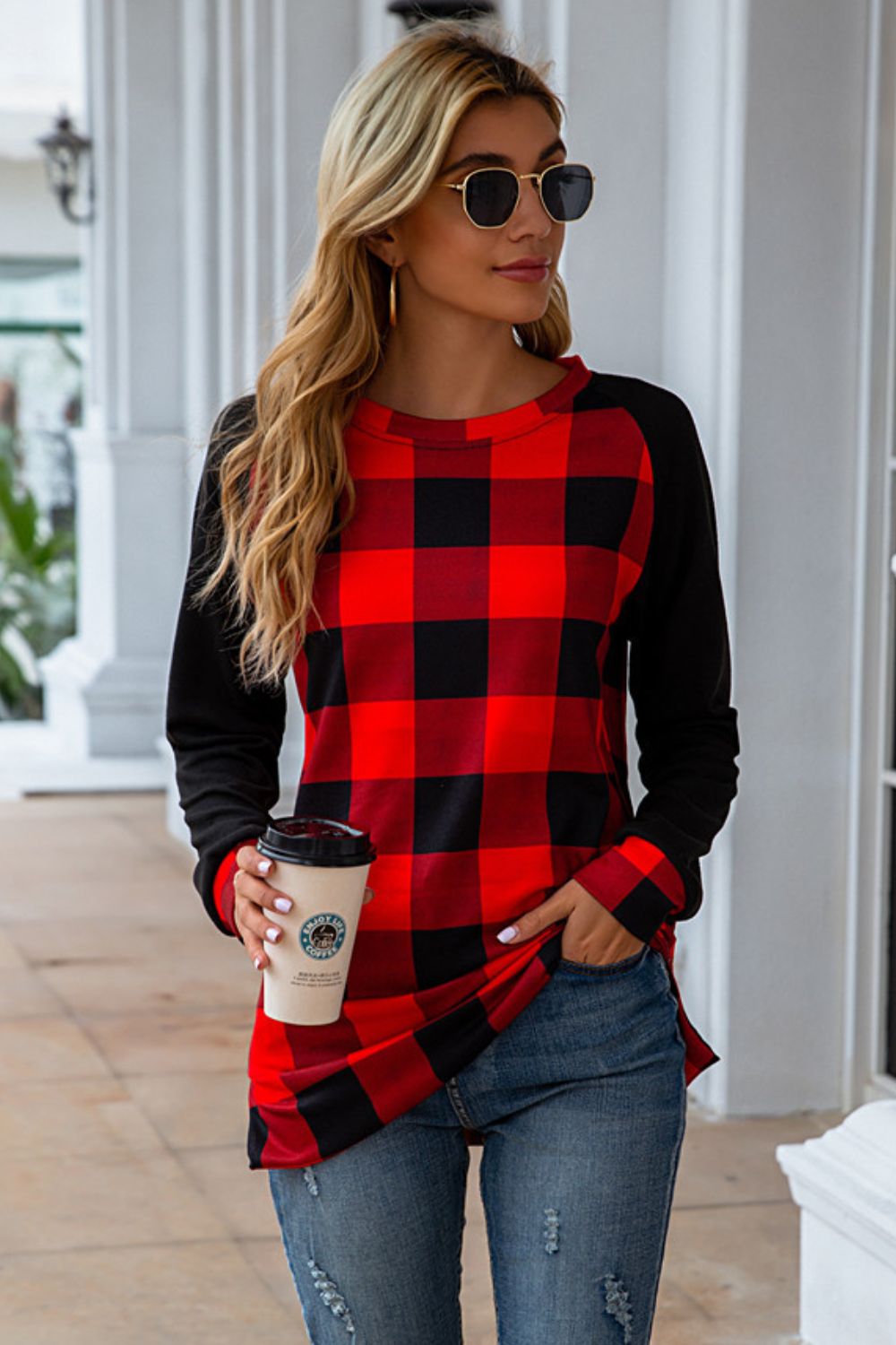 Plaid Round Neck Long Sleeve T-Shirt - In Style Chics Boutique LLC