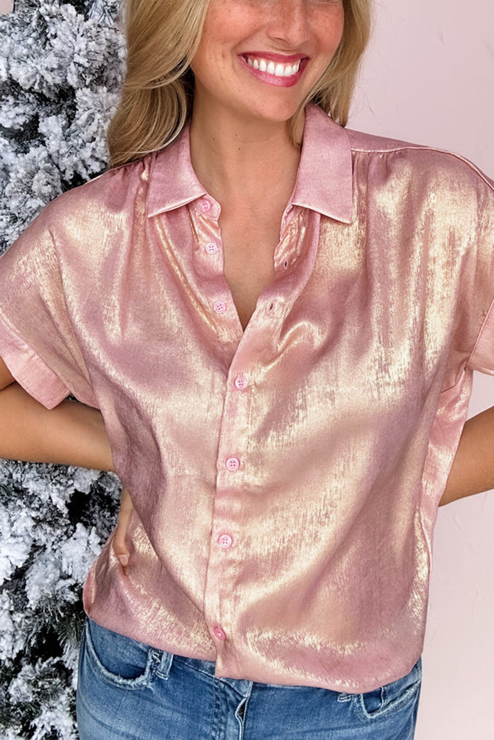 Delicacy Metallic Buttoned Loose Fit Short Sleeve Shirt - In Style Chics Boutique Online Clothing Women's Juniors Free Shipping