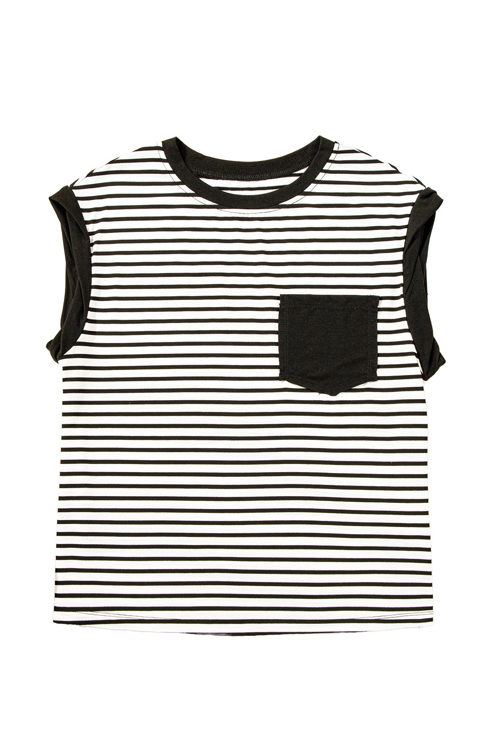 Black Stripe Chest Pocket Patch Round Neck Sleeveless Tee - Cute Clothes for Spring Summer - In Style Chics Boutique Women's Juniors Apparel Online