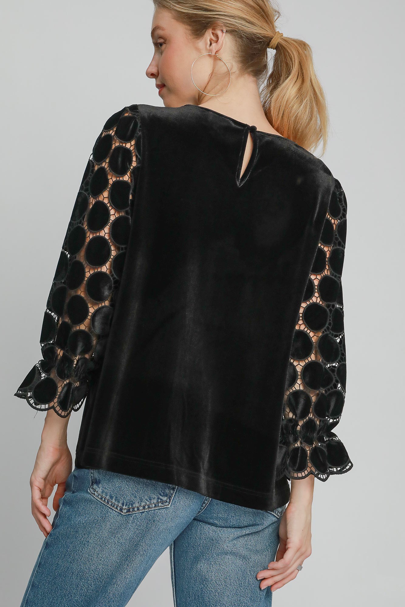 Umgee Polka Dot Lace Long Sleeve Round Neck Blouse - In Style Chics Boutique LLC