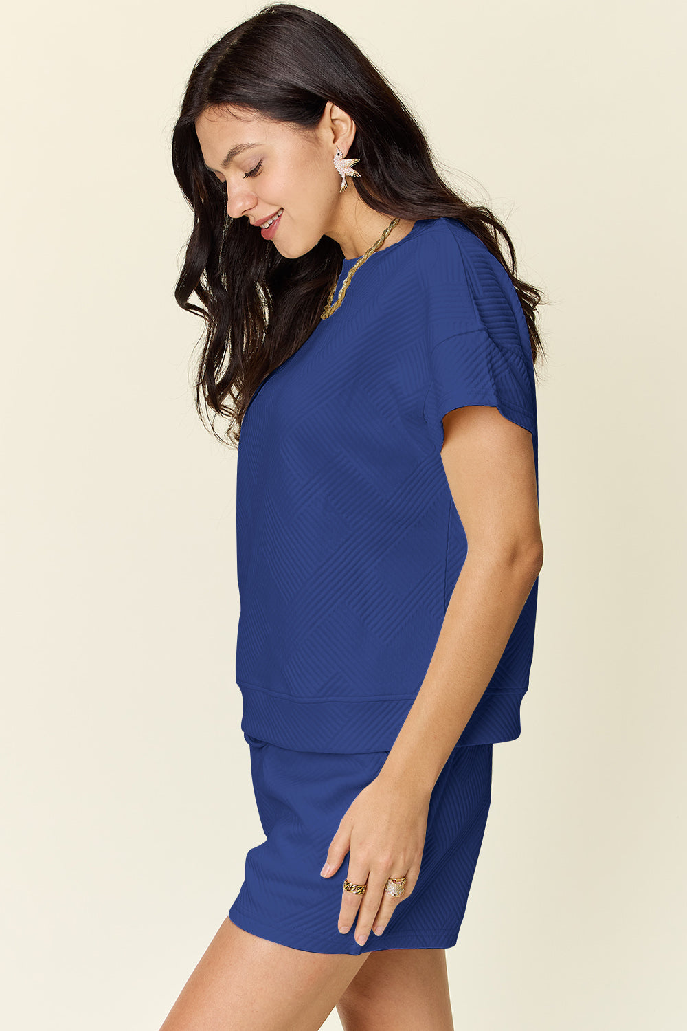 Double Take Texture Short Sleeve T-Shirt and Drawstring Shorts Set - In Style Chics Boutique LLC