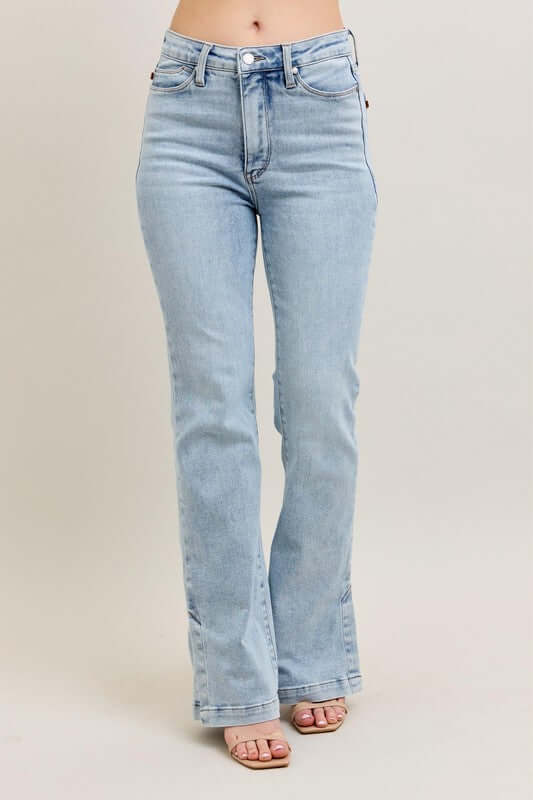 Judy Blue Tummy Control Vintage Wash Side Slit Slim Boot Jeans - In Style Chics Boutique Women's Juniors Plus Size Apparel Online