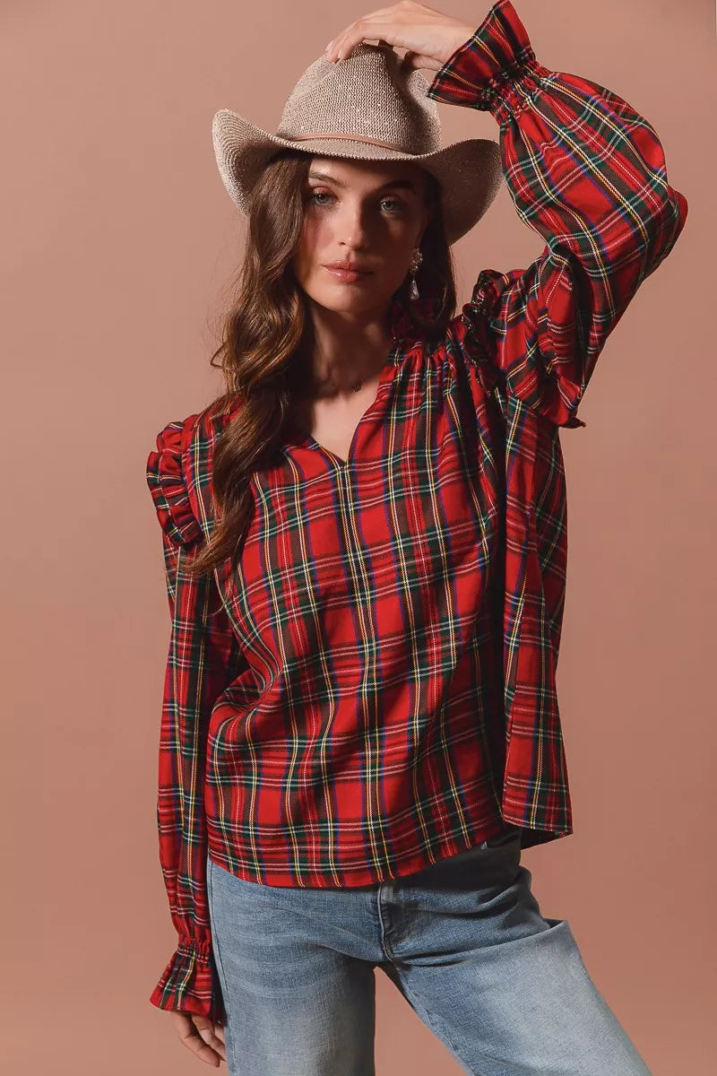 Christmas Checkered Plaid Smocked ♥️ Blouse at In Style Chics Boutique