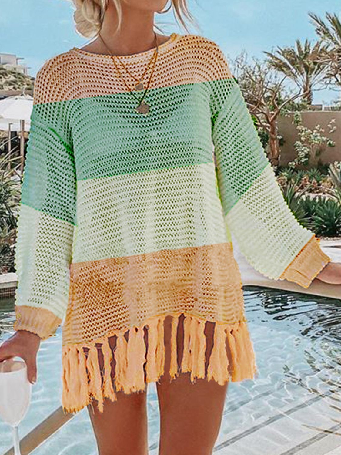 Double Take Openwork Tassel Hem Long Sleeve Knit Cover Up - More Colors! - In Style Chics Boutique LLC