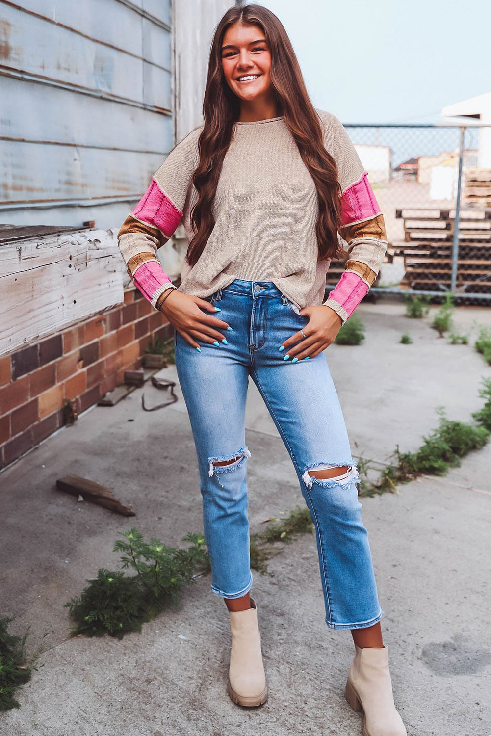Simply Taupe Exposed Seam Patchwork Sleeve Round Neck Sweater - In Style Chics Boutique LLC