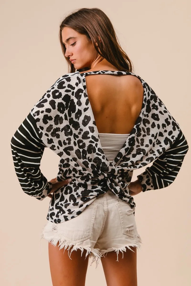 Leopard Hacci Knit Twist Back Top With Stripe Sleeve, In Style Chics Boutique