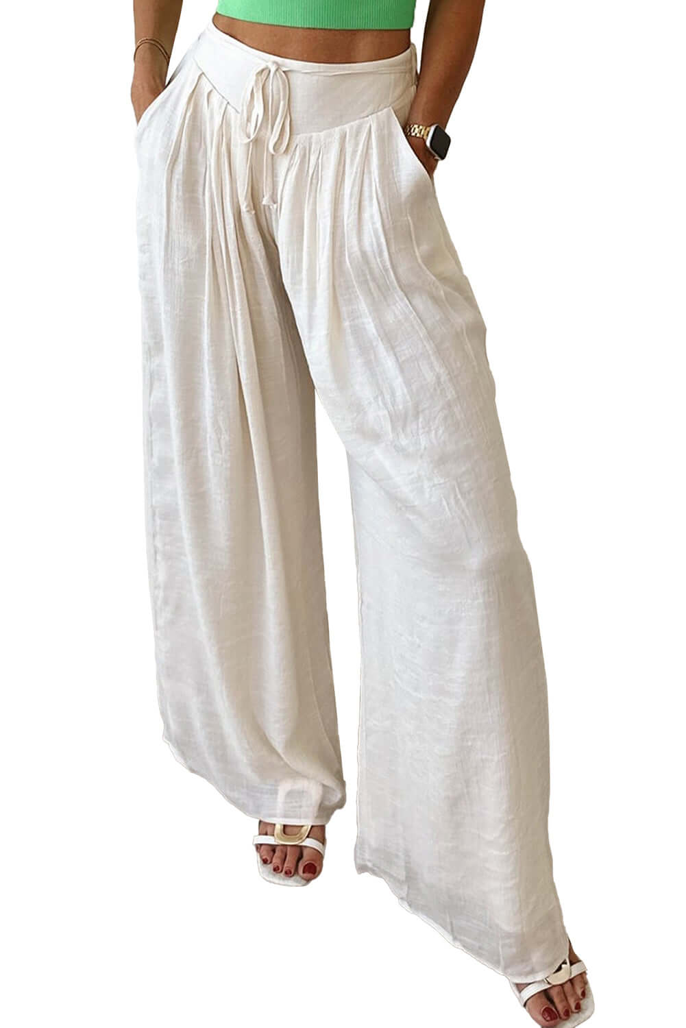 Women's Juniors White Casual Tie Waist Pleated Wide Leg Pants - Cute Clothes for Spring - In Style Chics Boutique Online Apparel