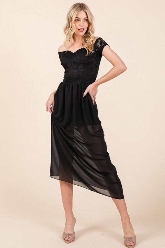 Lace Off Shoulder Chiffon Dress - In Style Chics Boutique LLC