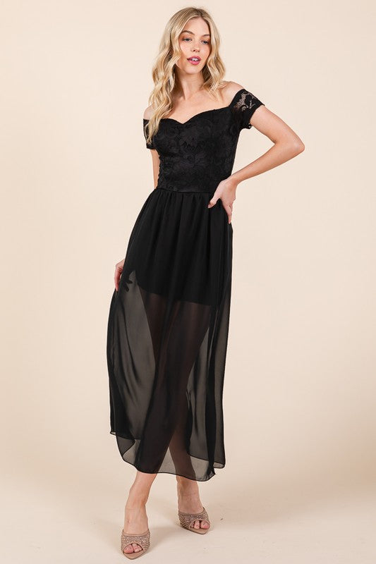 Lace Off Shoulder Chiffon Dress - In Style Chics Boutique LLC