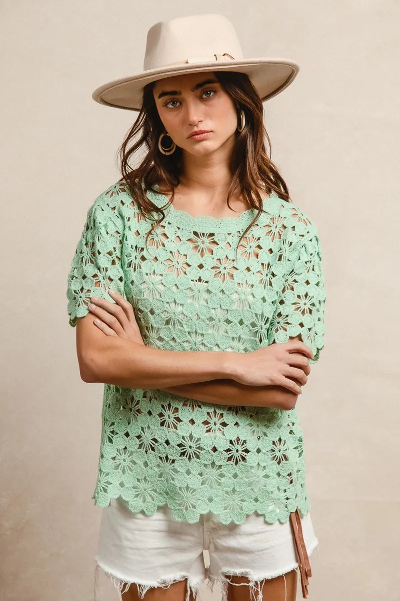 Openwork Crochet Short Sleeve Knit Top at In Style Chics Boutique