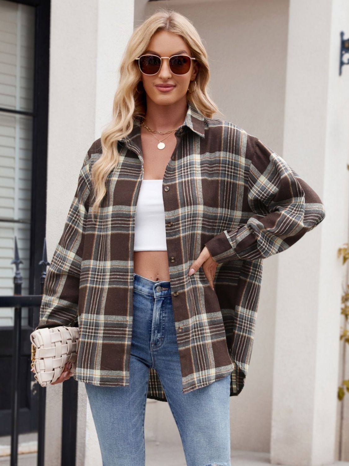 Pocketed Plaid Collared Neck Long Sleeve Shirt - In Style Chics Boutique LLC
