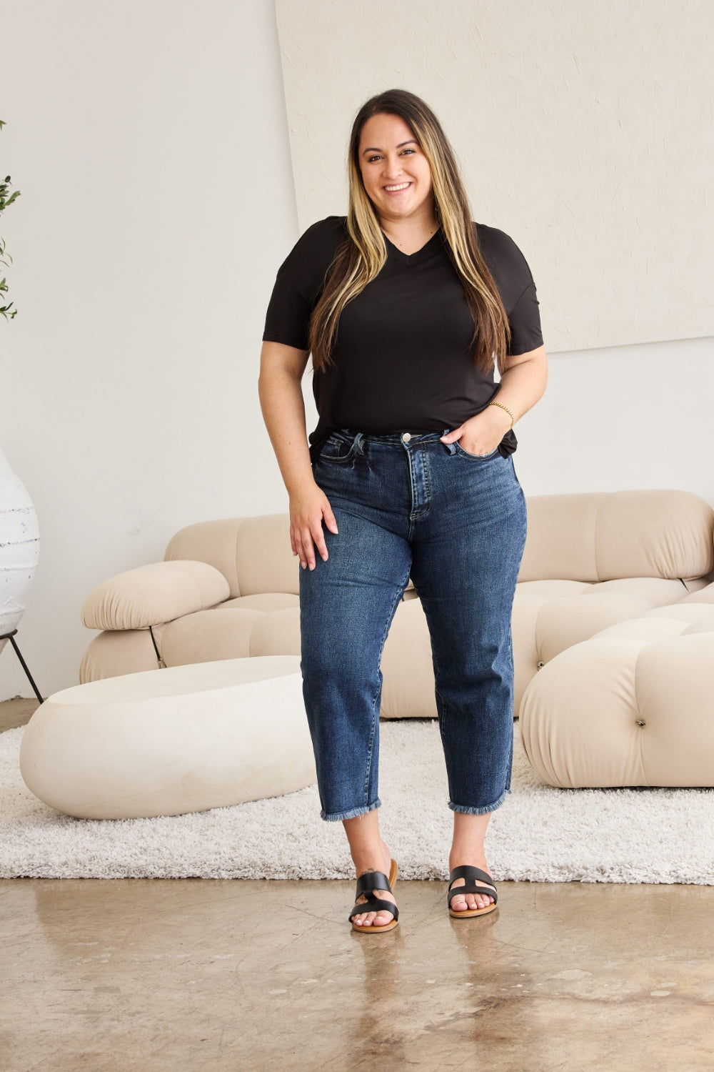 RFM Full Size Tummy Control High Waist Raw Hem Jeans - In Style Chics Boutique LLC