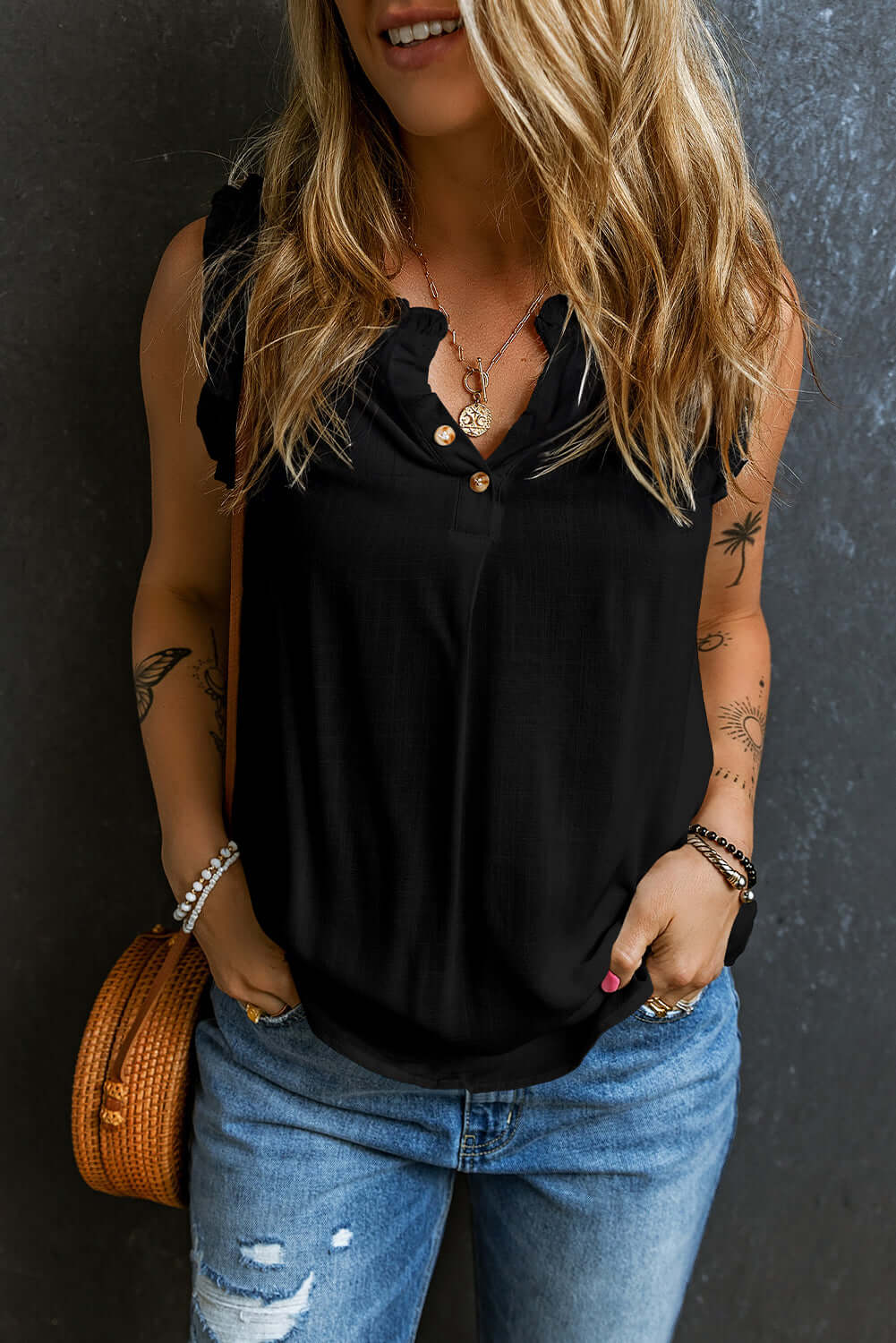 Button Split Neck Frill Trim Sleeveless Shirt - Cute Clothes Online - In Style Chics Boutique Women's Juniors Apparel