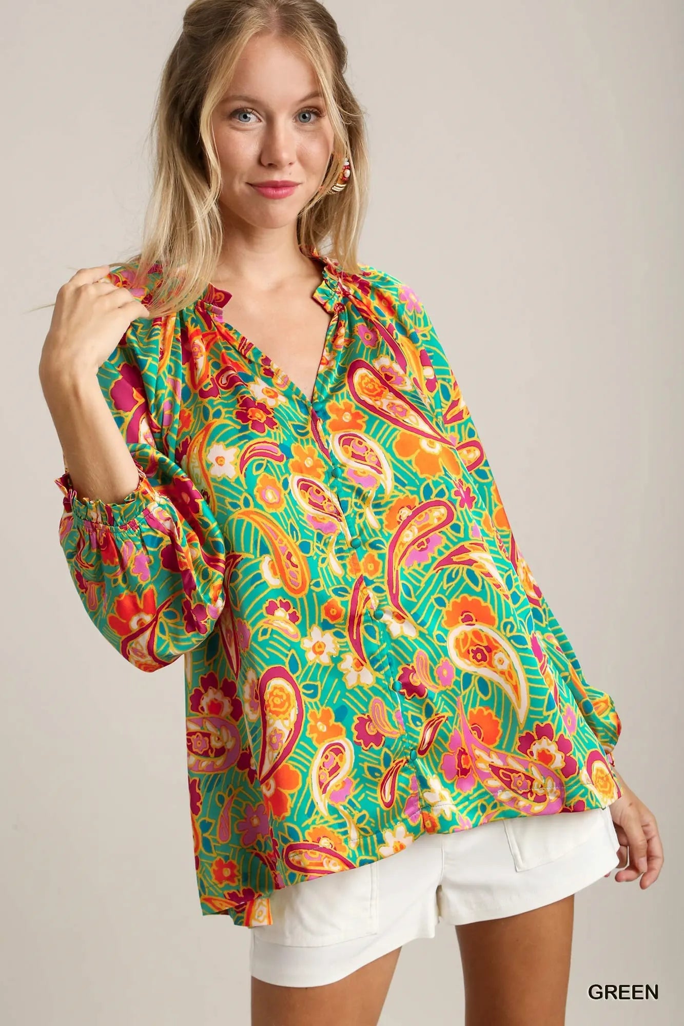 Satin Paisley Ruffle Neck Button-Up Shirt Boho Fashion for over 60 at In Style Chics Boutique