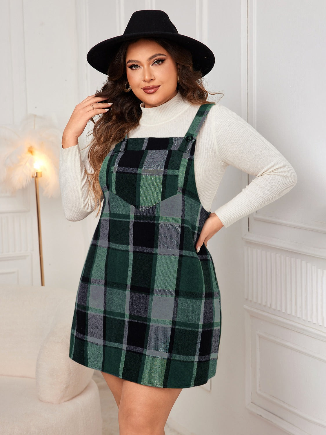 Honey Plus Size Plaid Wide Strap Overall Dress - In Style Chics Boutique LLC