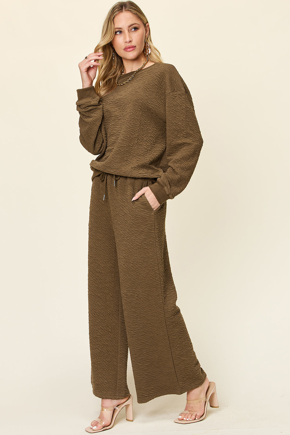 Double Take Full Size Texture Long Sleeve Top and Pants Set - In Style Chics Boutique LLC