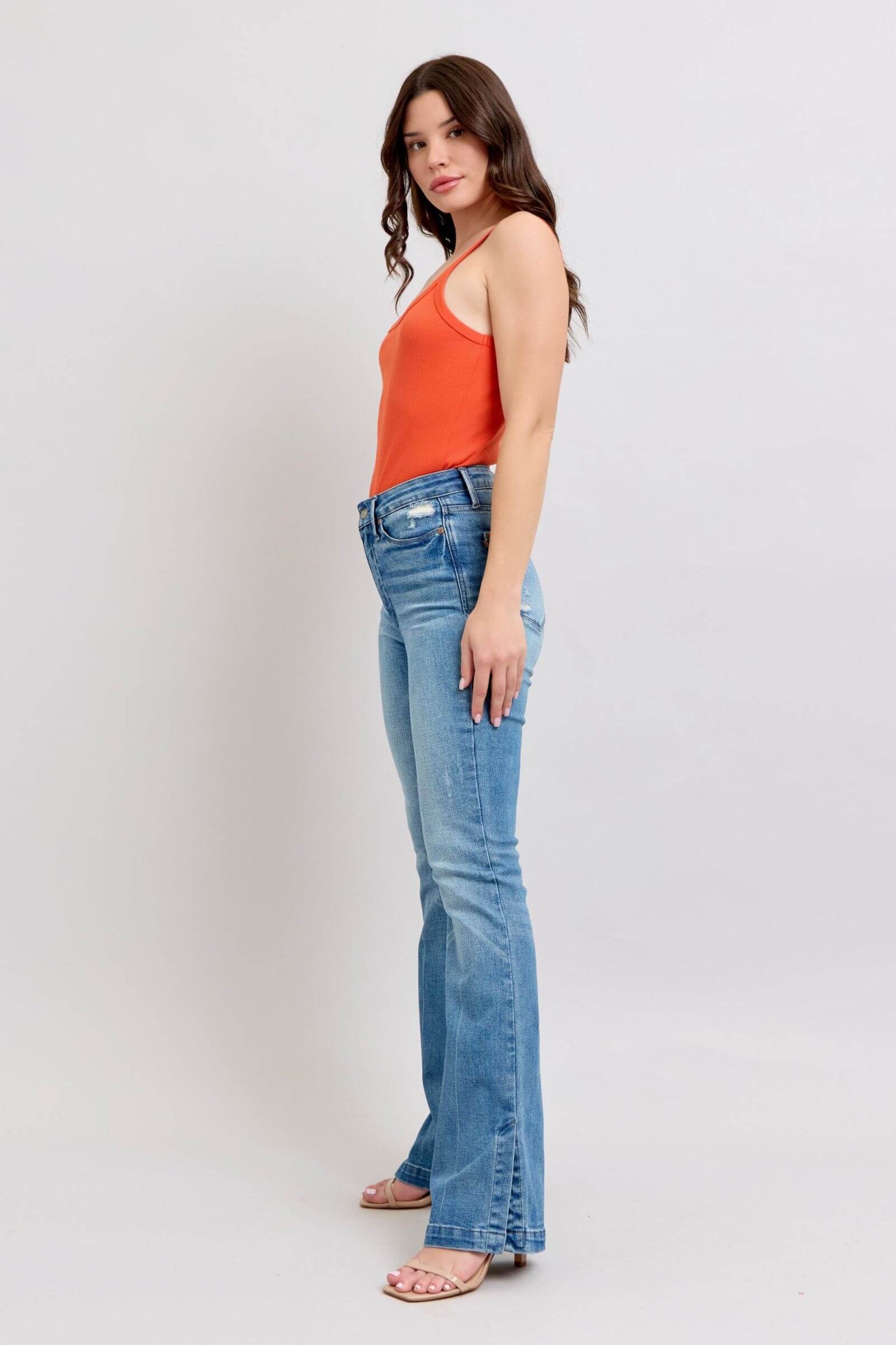 High Waist Tummy Control Vintage Wash Side Slit Slim Boot Jeans - In Style Chics Boutique Online Clothing Women's Juniors Plus Size Apparel