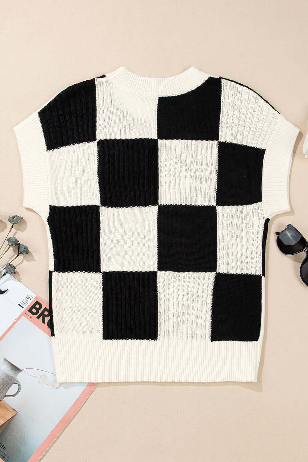 Khaki Checkered Color Block Crew Neck Short Sleeve Sweater - Cute Clothes Online - In Style Chics Boutique Women's Juniors