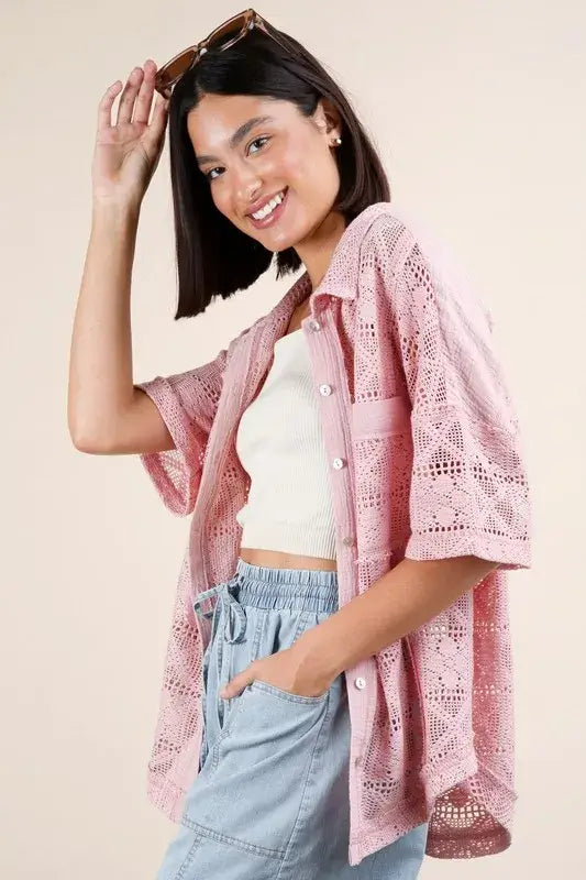 Plus Size Oversized Crochet Button Down Shirt Top - In Style Chics Boutique Online Women's Juniors Plus Size Apparel