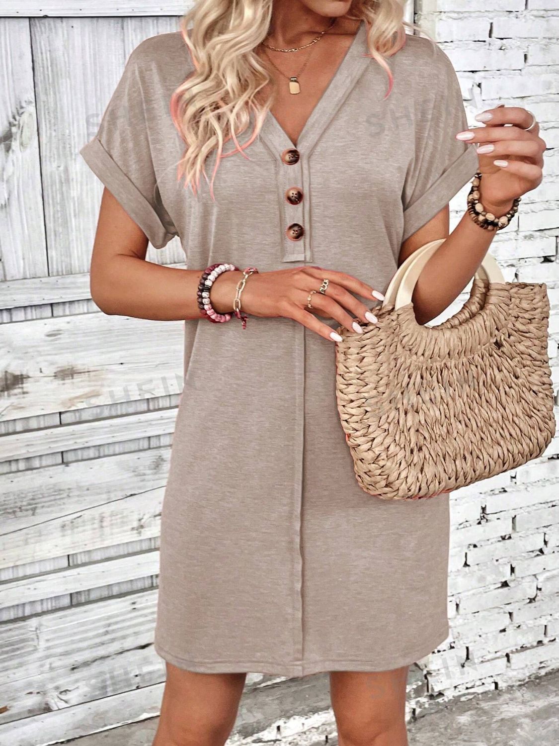Quarter Button V-Neck Short Sleeve Dress - More Colors! - In Style Chics Boutique LLC