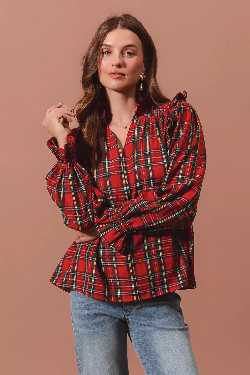 Christmas Checkered Plaid Smocked ♥️ Blouse at In Style Chics Boutique