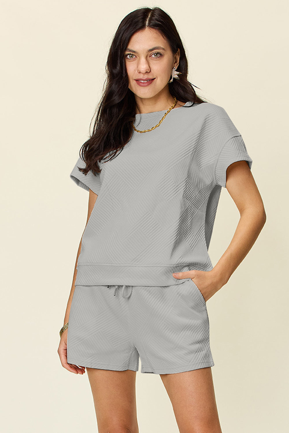 Double Take Texture Short Sleeve T-Shirt and Drawstring Shorts Set - In Style Chics Boutique LLC