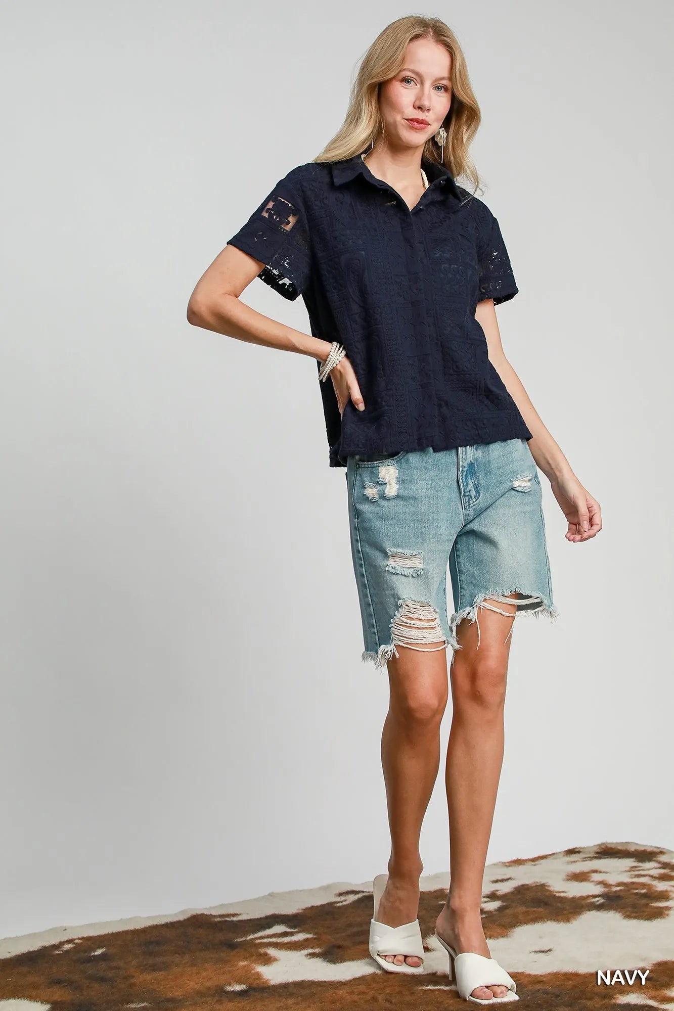 Short Sleeve Button Down Navy Shirt Patch Lace at In Style Chics Boutique