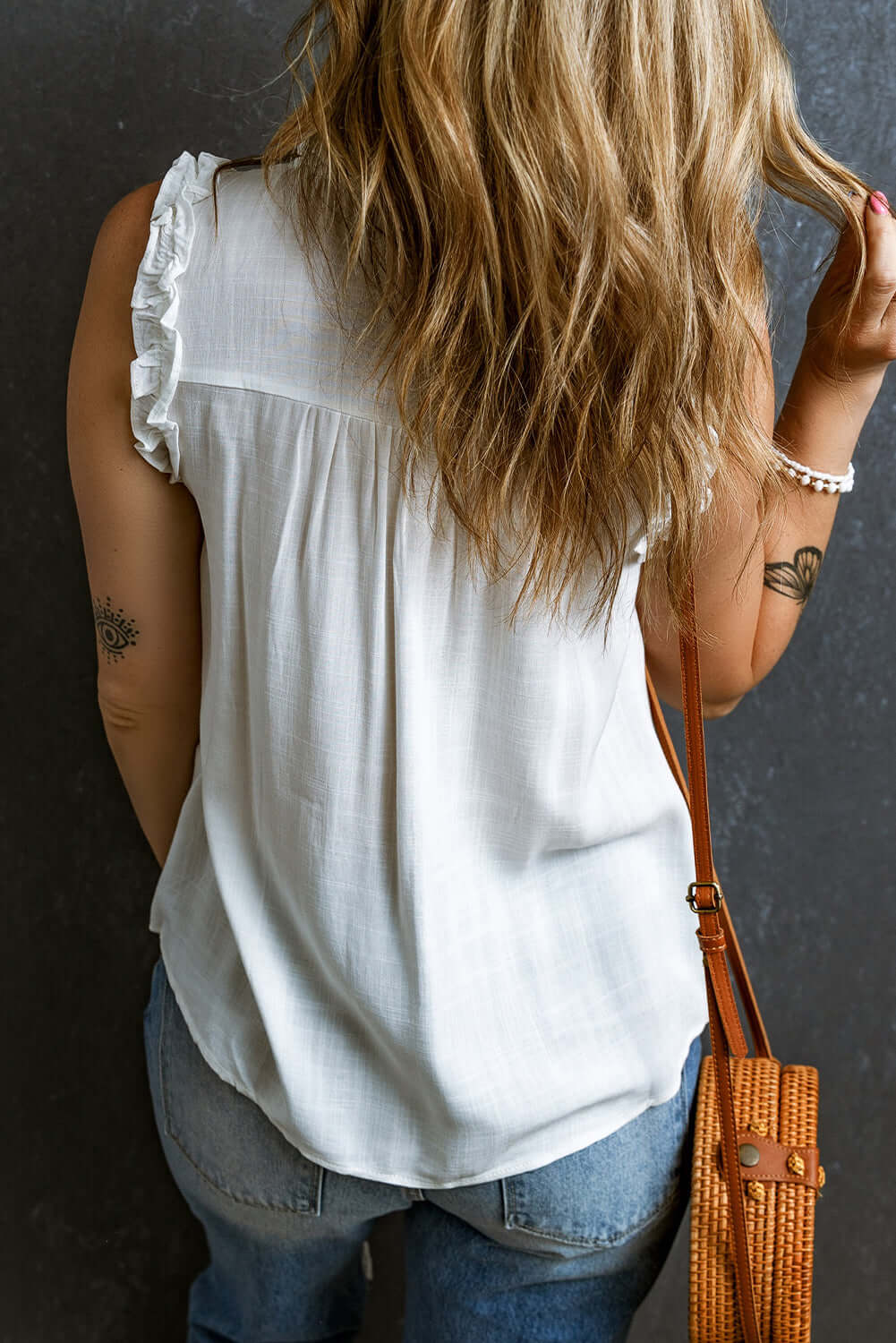 Button Split Neck Frill Trim Sleeveless Shirt - Cute Clothes Online - In Style Chics Boutique Women's Juniors Apparel