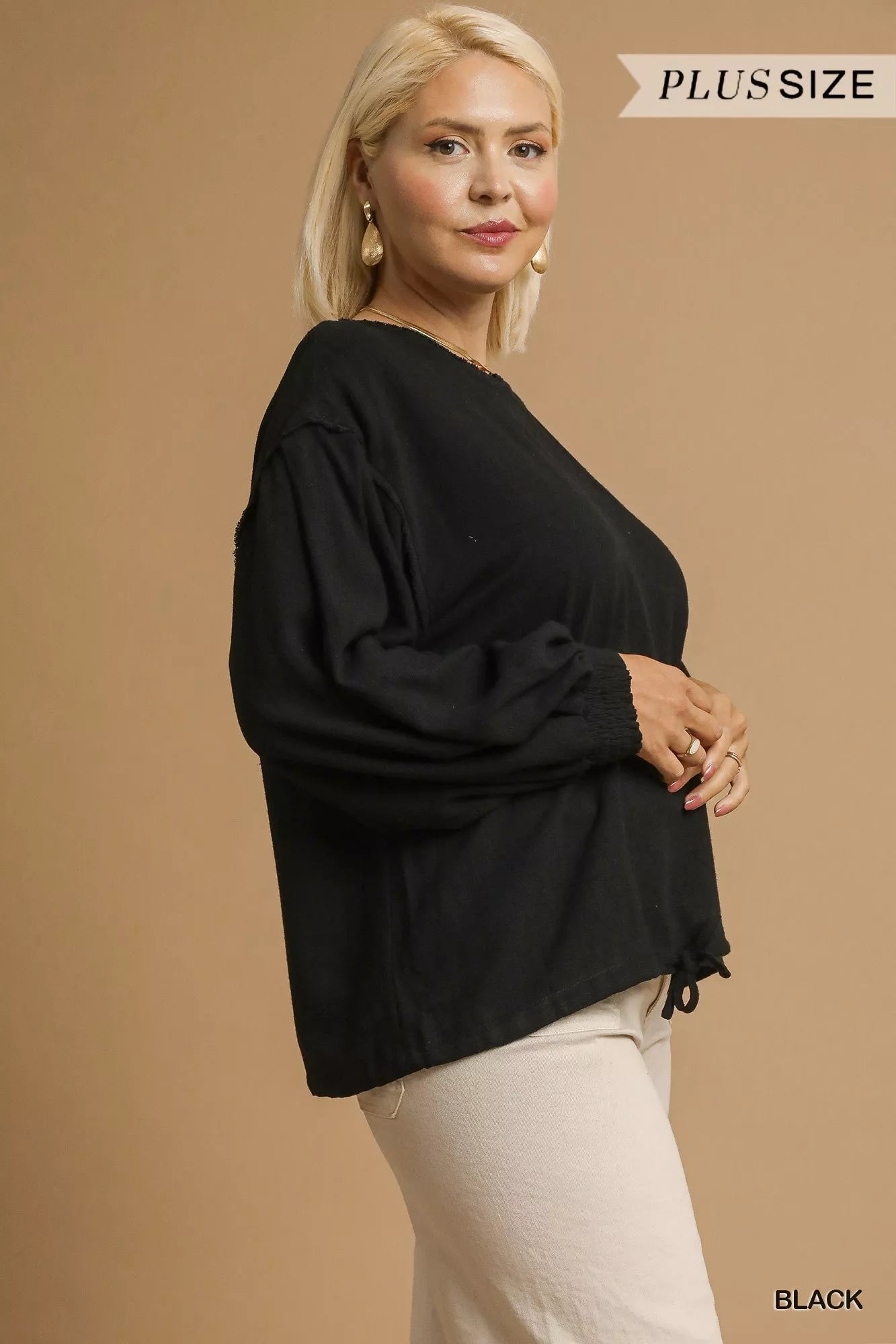 Linen Long Sleeve Plus Size Top with Drawstring at In Style Chics Boutique