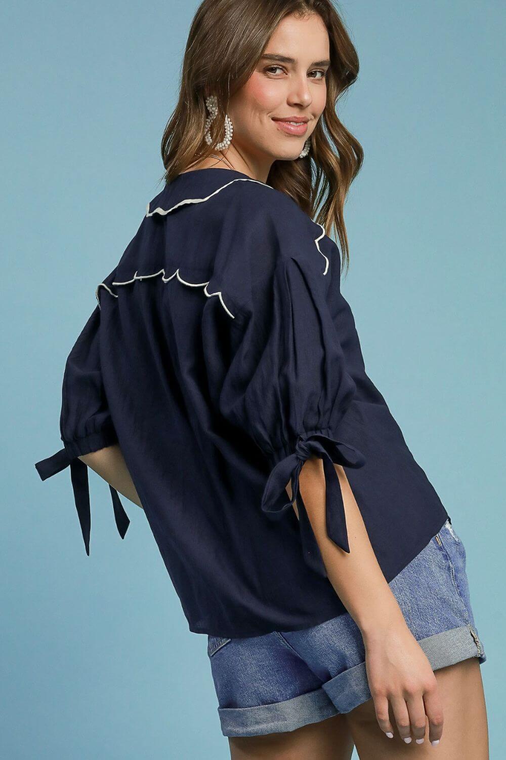 Embroidered Detail Button Down Shirt - In Style Chics Boutique Women's Juniors Plus Size Clothing