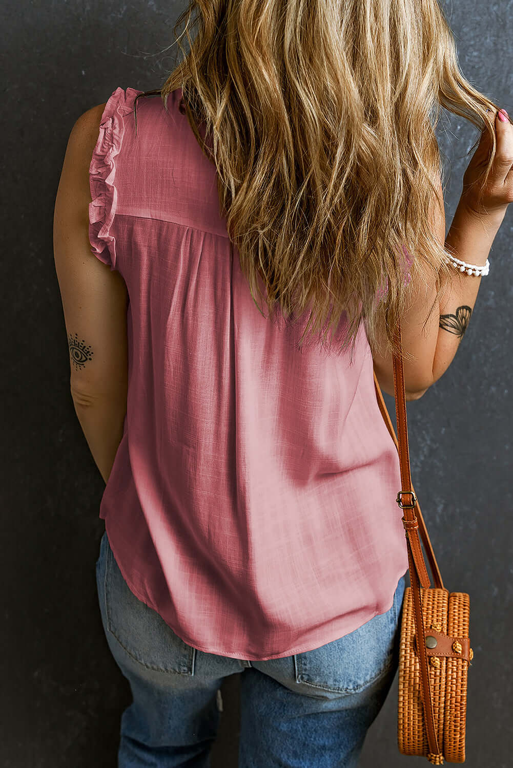 Button Split Neck Frill Trim Sleeveless Shirt - Cute Clothes Online - In Style Chics Boutique Women's Juniors Apparel