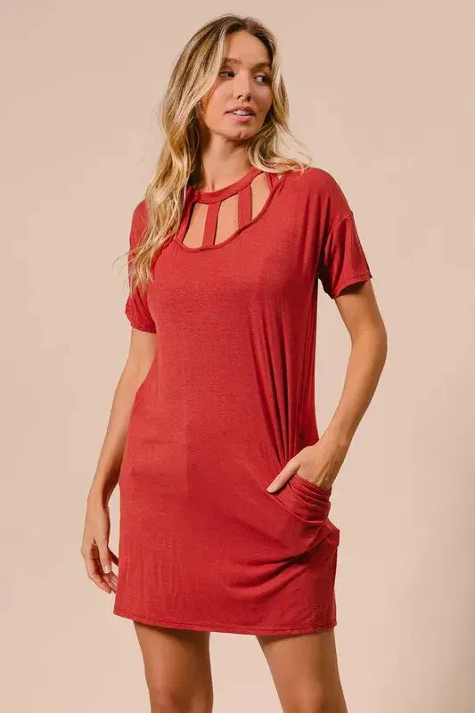 Front Cutout Mini Tee Dress with Pockets - Shop Cute Clothes Online - In Style Chics Boutique Women's Juniors Apparel
