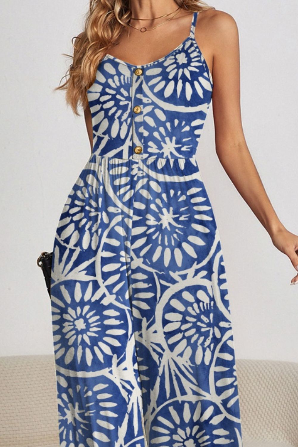 Decorative Button Spaghetti Strap Wide Leg Jumpsuit - More Prints! - In Style Chics Boutique LLC