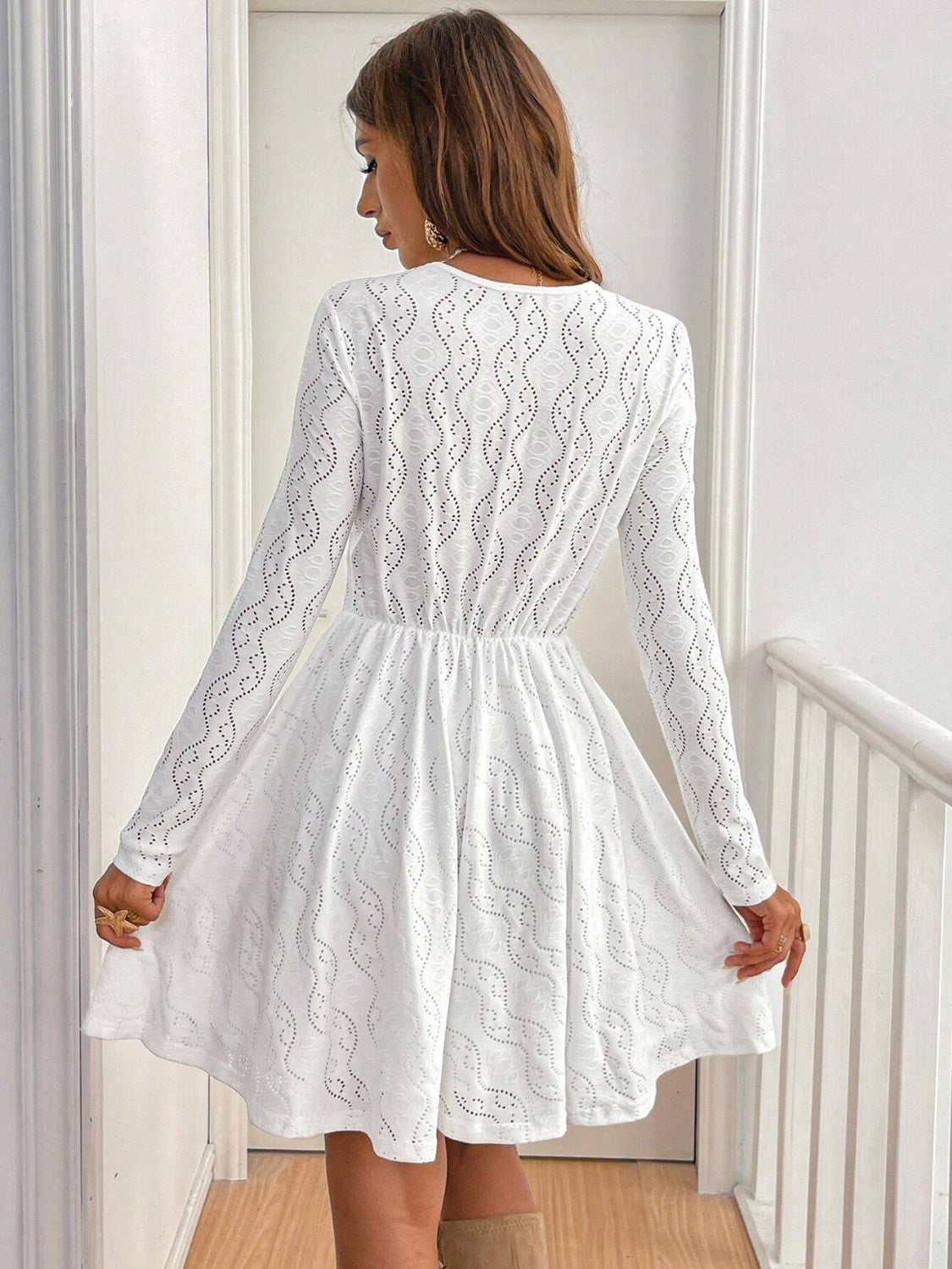 Lace Detail V Neck Long Sleeve Mini Dress - In Style Chics Boutique LLC