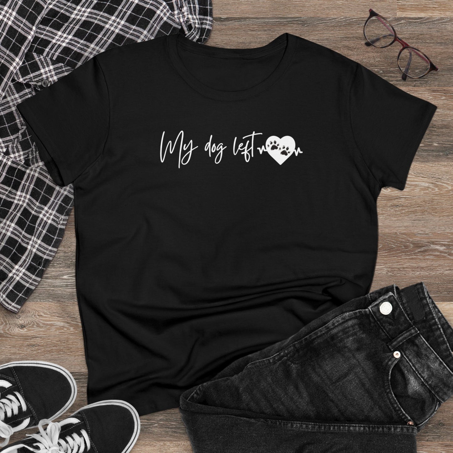Women's Midweight Cotton Graphic Tee - "My dog left paw prints on my heart" - In Style Chics Boutique LLC