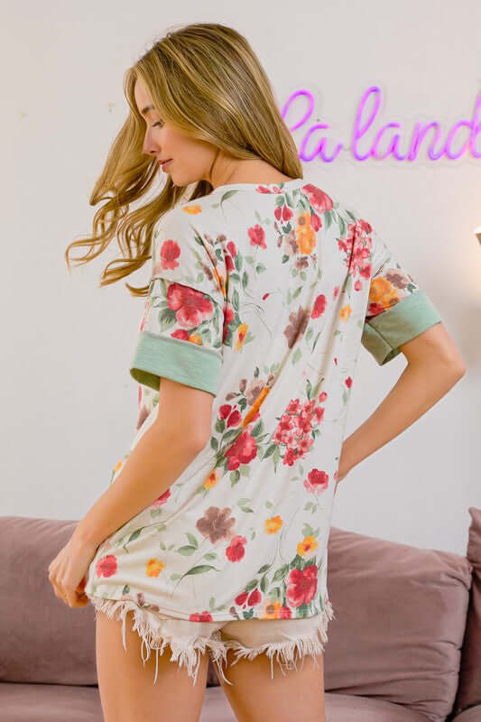 BiBi Floral Button Detail Round Neck Short Sleeve Terry T-Shirt - Cute Clothes Online - In Style Chics Boutique Women's Juniors Apparel