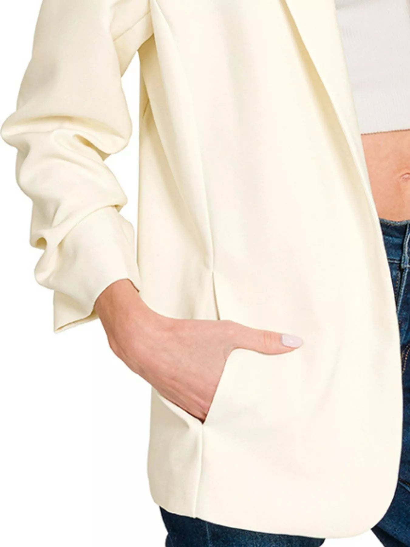 Shop Woven 3/4 Ruched Sleeve Open Front Classic Cream Blazer at In Style Chics Boutique