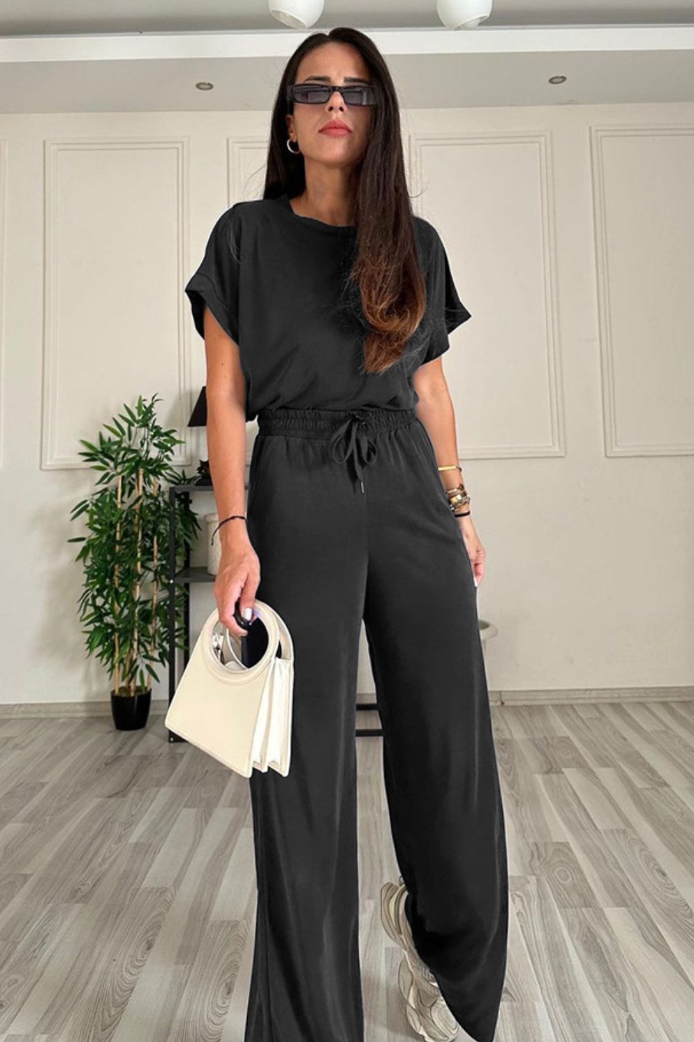 Round Neck Short Sleeve Top and Drawstring Pants Set - In Style Chics Boutique LLC