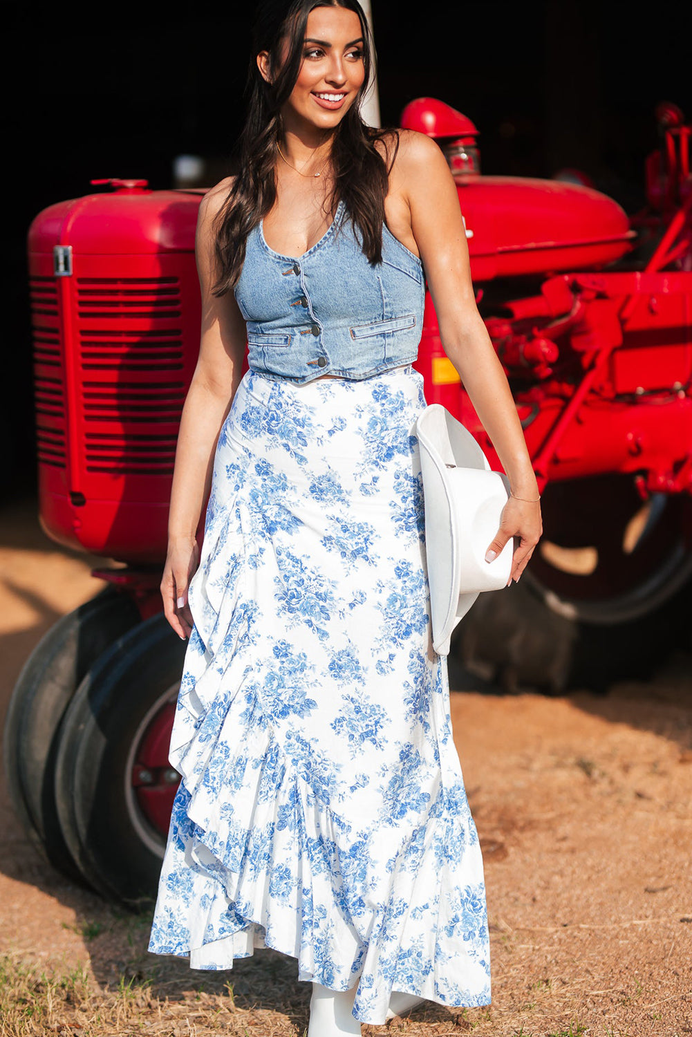 Boho Floral High Waist Ruffle Split Maxi Skirt - In Style Chics Boutique Women's Juniors Apparel Online