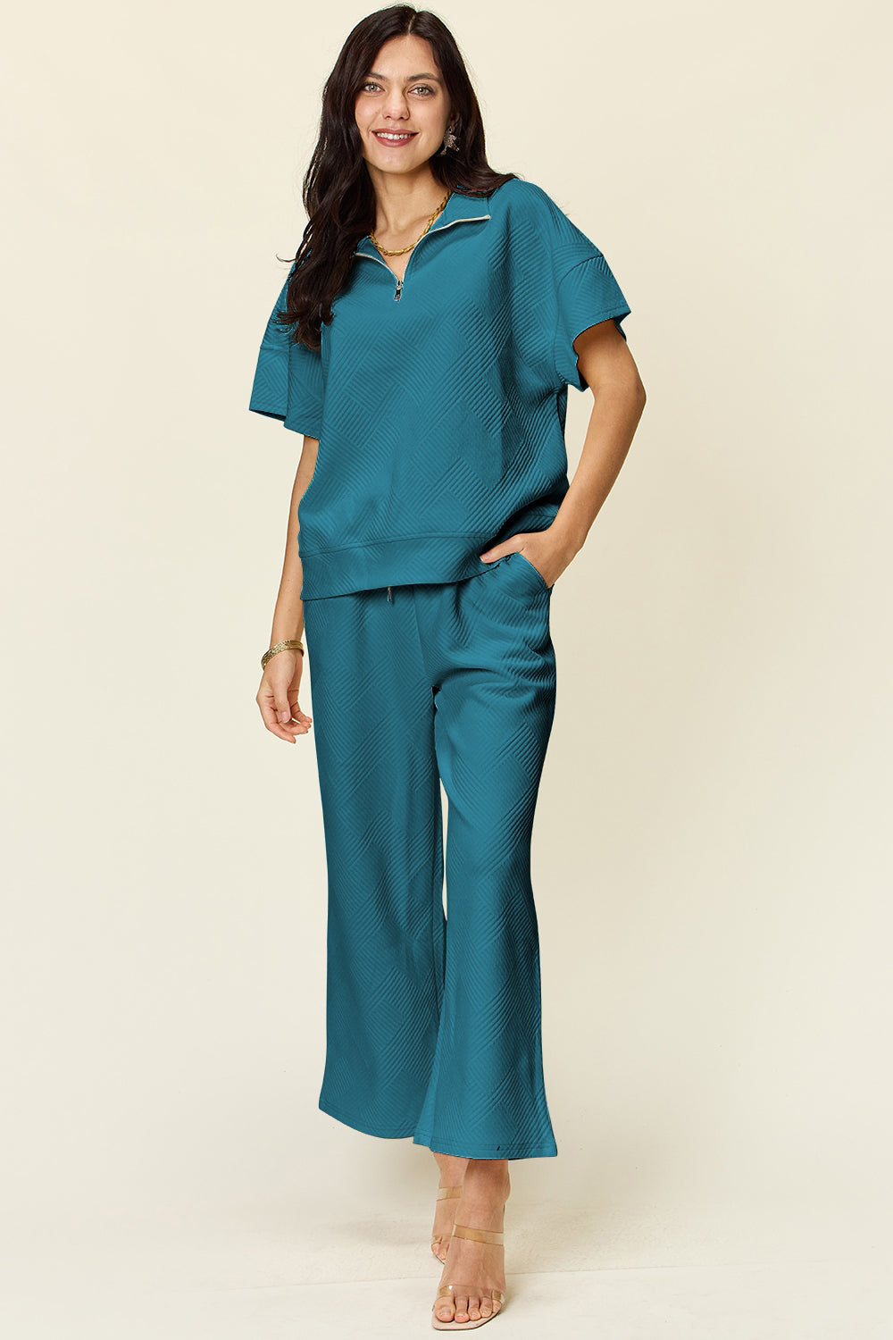 Double Take Texture Half Zip Short Sleeve Top & Pants Set- More Colors! - In Style Chics Boutique LLC