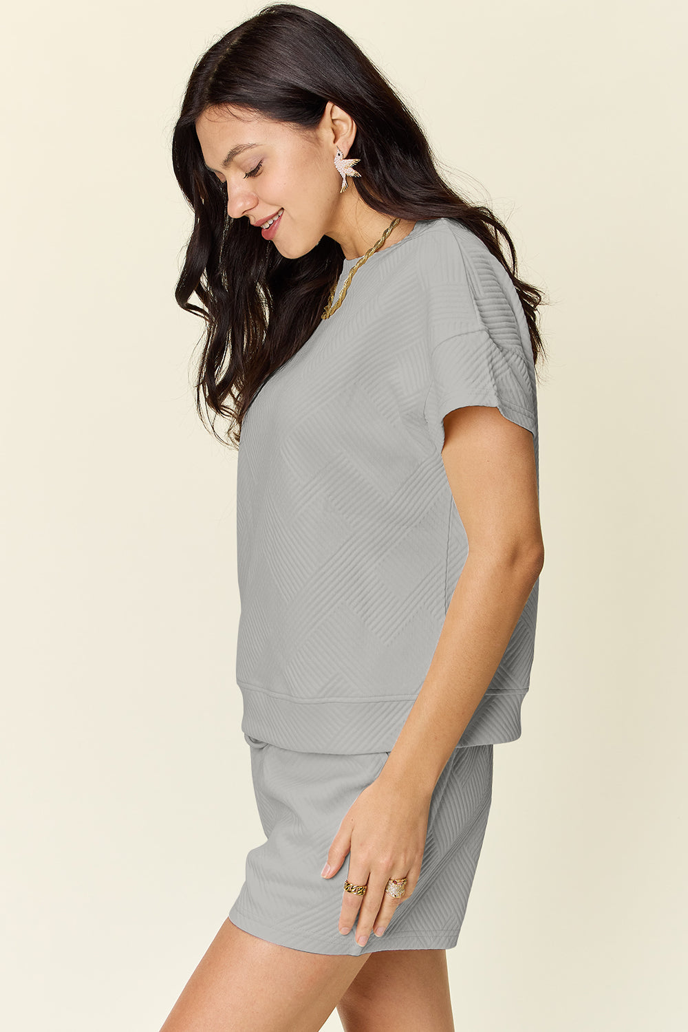 Double Take Texture Short Sleeve T-Shirt and Drawstring Shorts Set - In Style Chics Boutique LLC