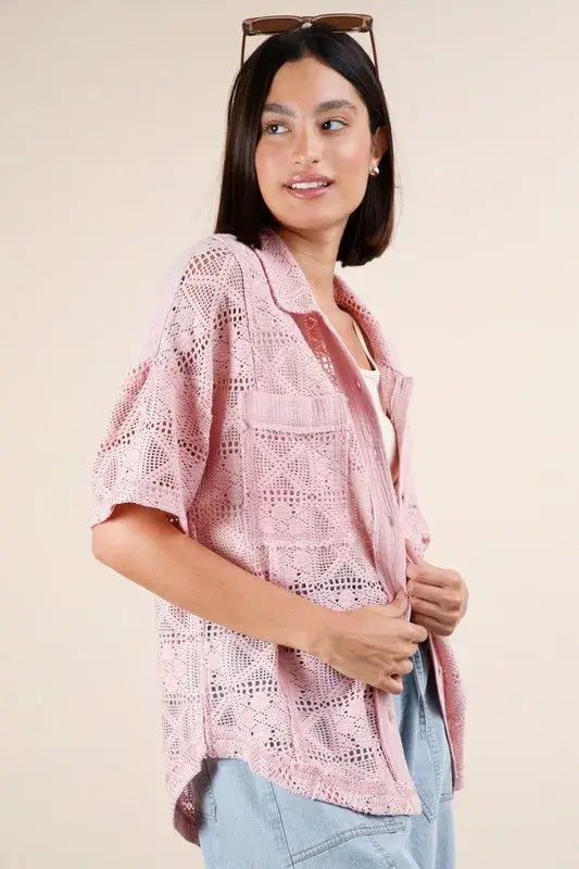 Plus Size Oversized Crochet Button Down Shirt Top - In Style Chics Boutique Online Women's Juniors Plus Size Apparel