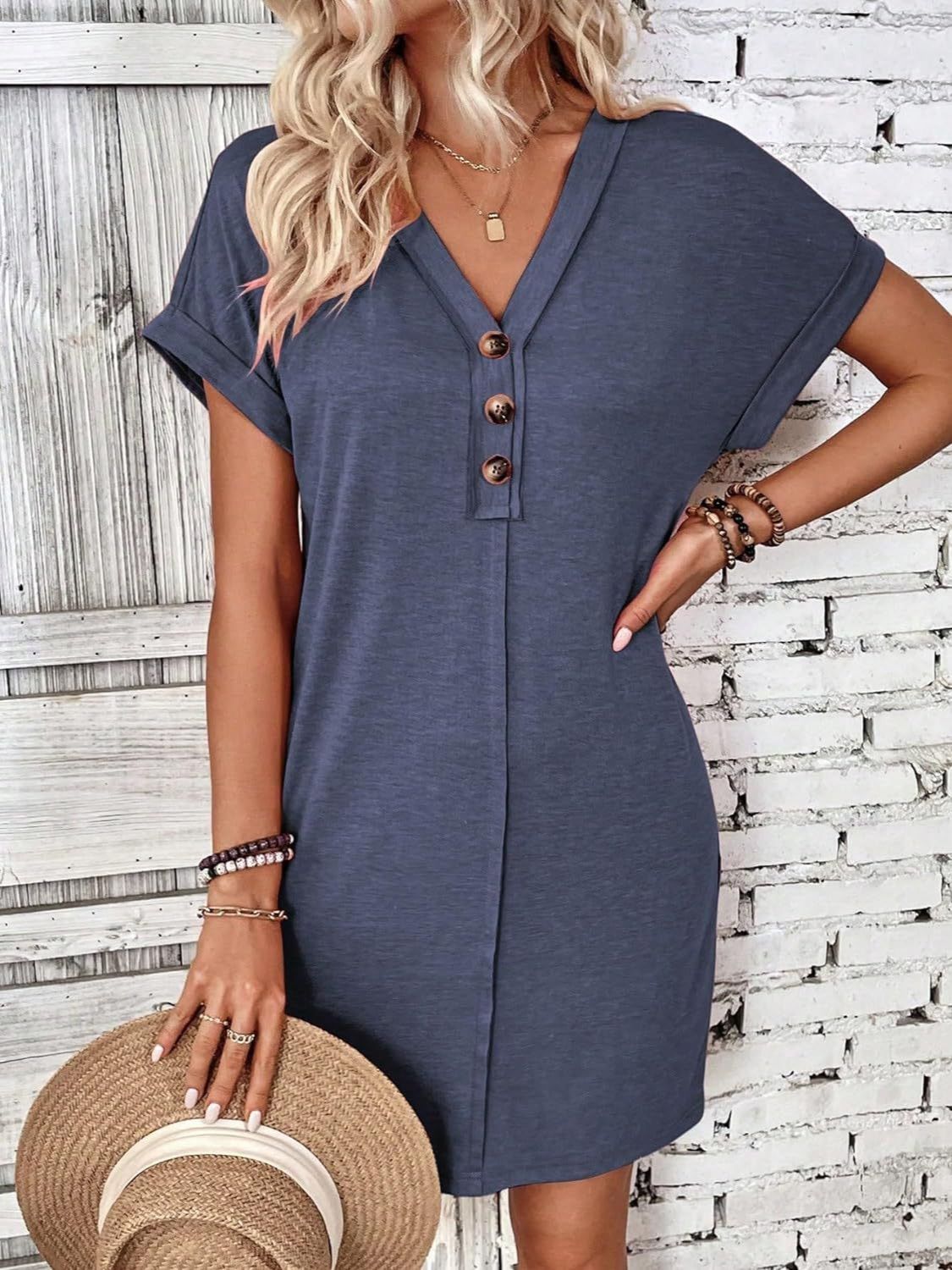 Quarter Button V-Neck Short Sleeve Dress - More Colors! - In Style Chics Boutique LLC