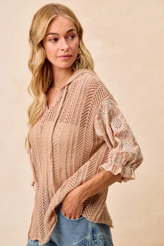 Jacquard Flower Puff Sleeve Hooded Knit Top at In Style Chics Boutique