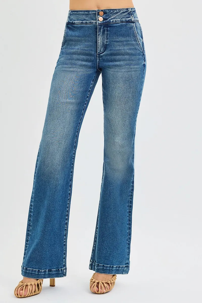 RISEN Tummy Control High Rise Bootcut Jeans Double Button Waist at In Style Chics Boutique