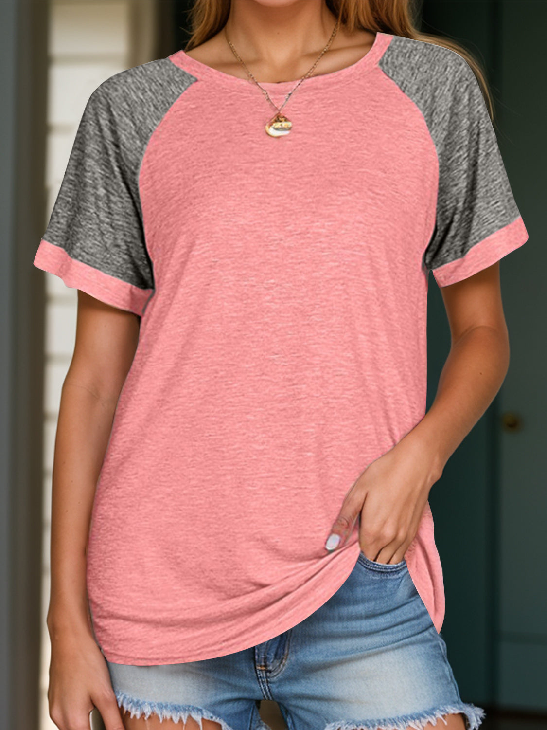 Full Size Contrast Round Neck Short Sleeve T-Shirt - In Style Chics Boutique LLC