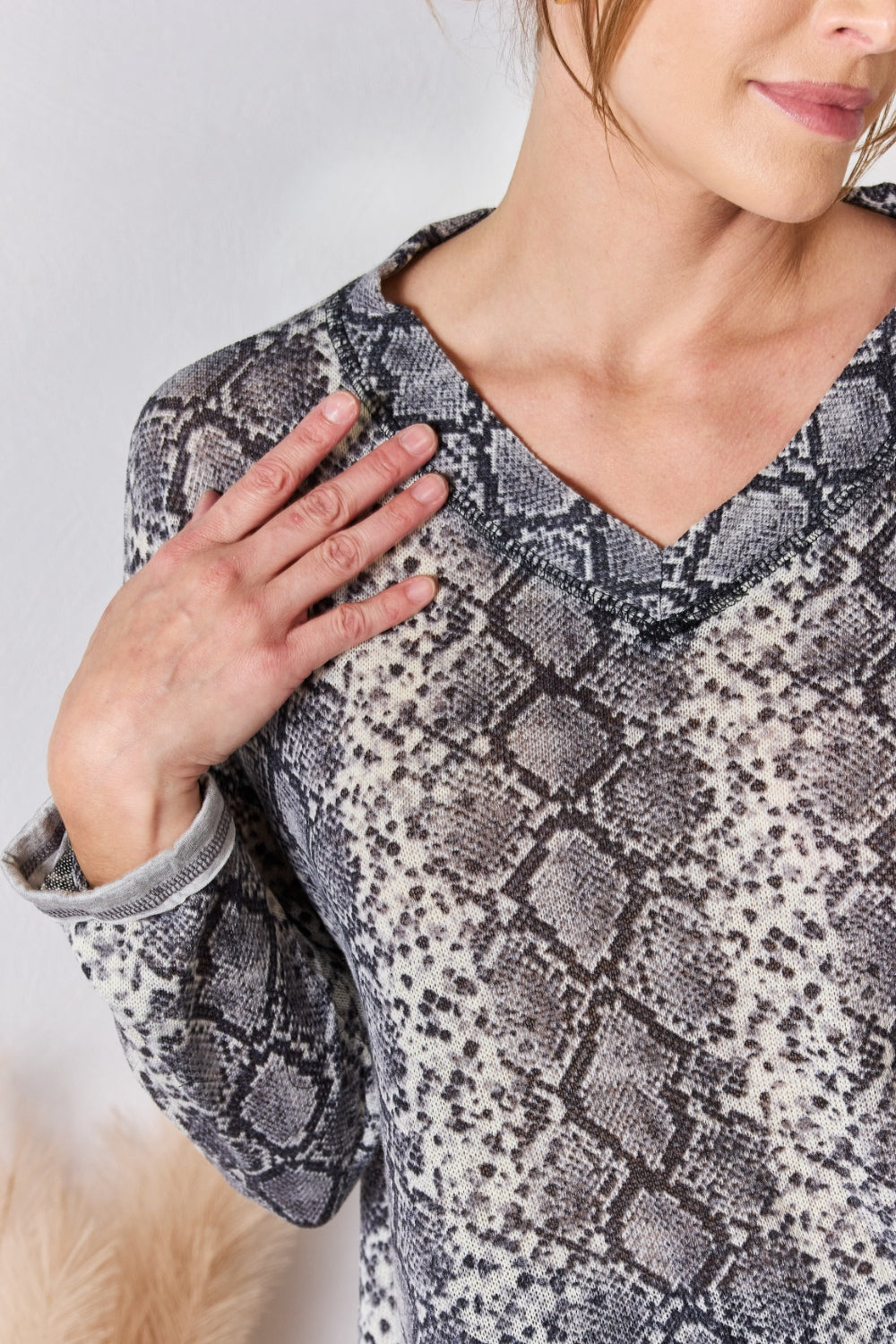 Hailey & Co Full Size Snakeskin V-Neck Long Sleeve Top - In Style Chics Boutique LLC